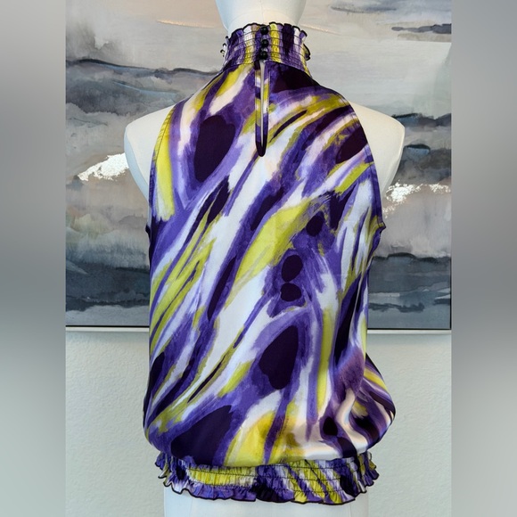 Vintage Y2K A. Byer Halter Top Smocked Neck & Waist Purple Lime Abstract Print - Picture 5 of 16